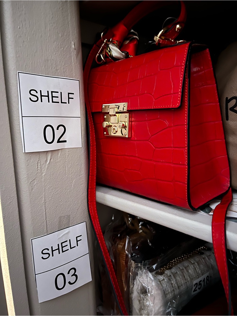Italian Leather Red Croc-Embossed Top-Handle Satchel with Gold Hardware - Picture 5 of 6